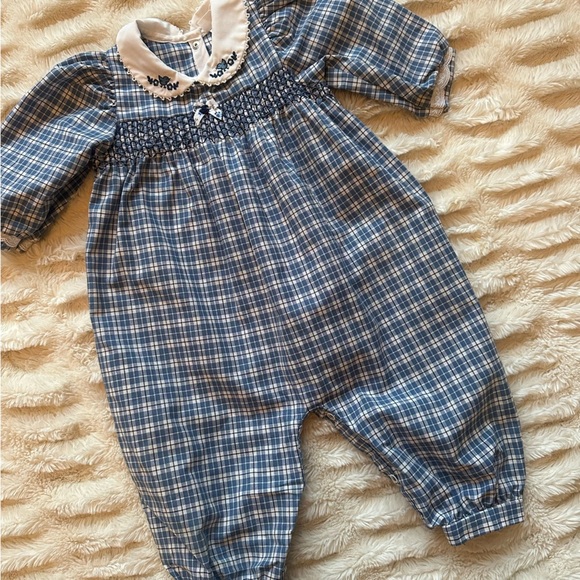 Vintage Carter’s Baby Girl Collar Blue Plaid Smocked Classic Romper 12-18m - Picture 2 of 11